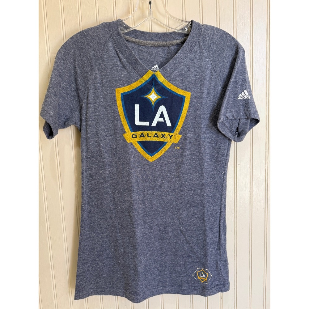 Adidas LA Galaxy Womens XL-16 Blue V-Neck Raglan Soccer T-Shirt Rhinestone Logo